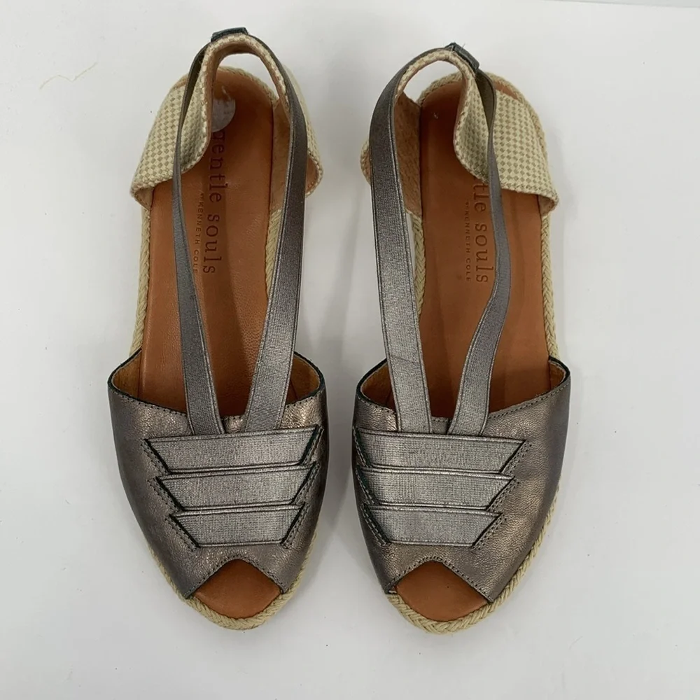 Gentle Souls Lena wedge espadrille sandal shoe pewter leather woven platform 8